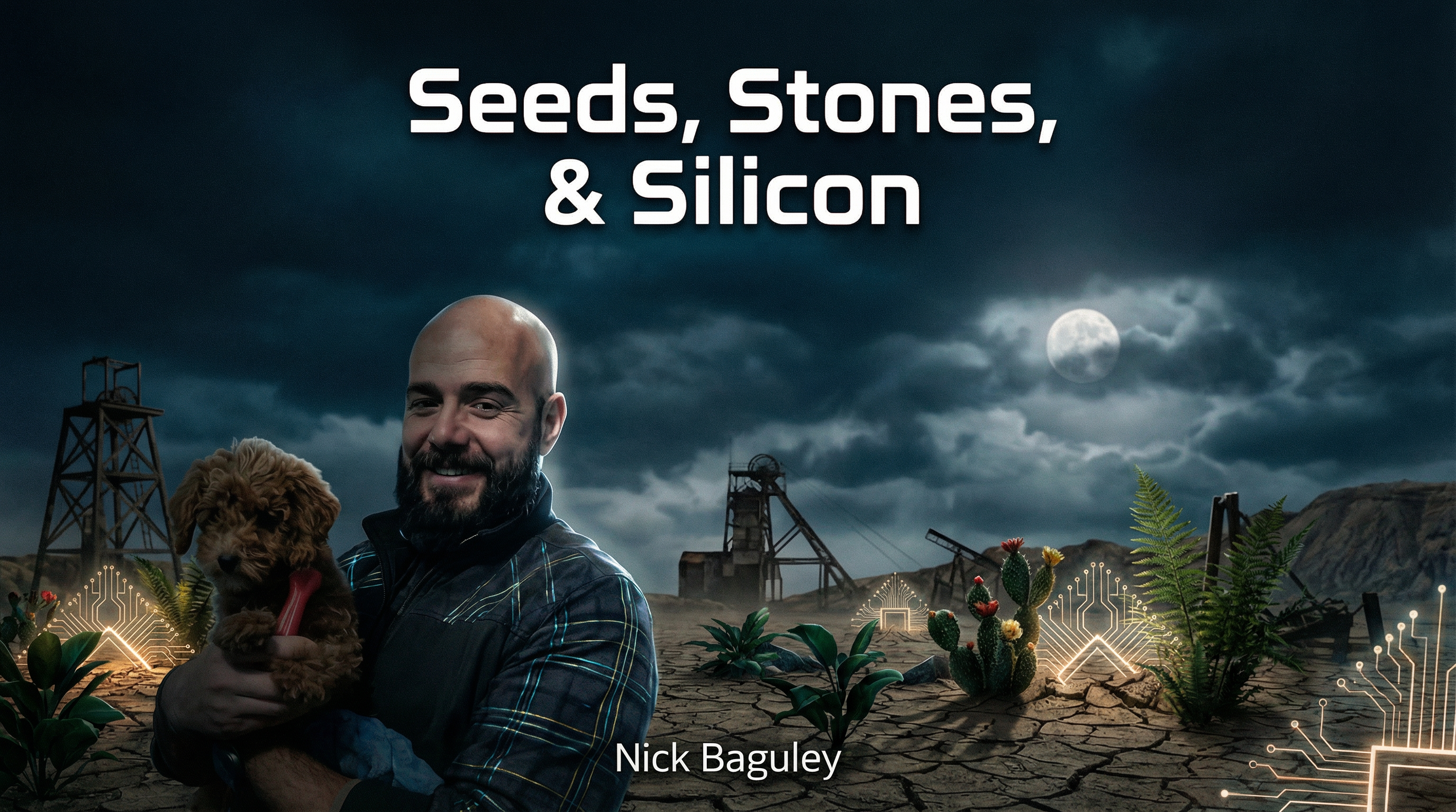Seeds, Stones, & Silicon book cover - A man holding a dog in a desert landscape with mining structures and circuit patterns emerging from plants